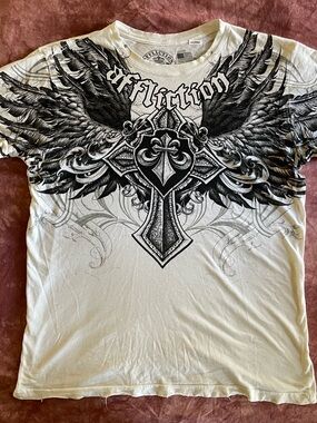 Affliction White Tee with Black Winged Cross Design